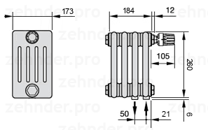 Схема (чертеж) Радиатор Zehnder Charleston 5026/4 №V002 Белый глянцевый RAL 9016